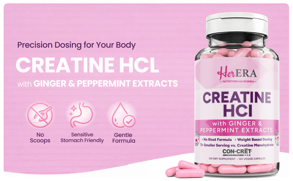 Her ERA CON-CRET® Creatine HCl capsules with ginger and peppermint extracts for easy digestion.