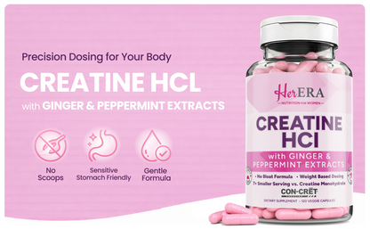 Her ERA CON-CRET® Creatine HCl capsules with ginger and peppermint extracts for easy digestion.