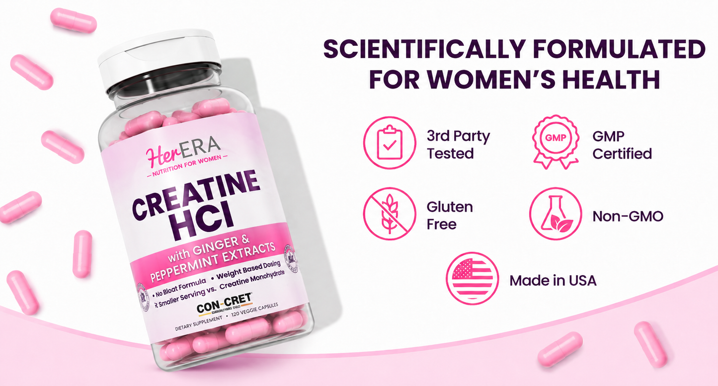 Scientifically formulated Her ERA CON-CRET® Creatine HCl capsules for women with weight-based dosing.